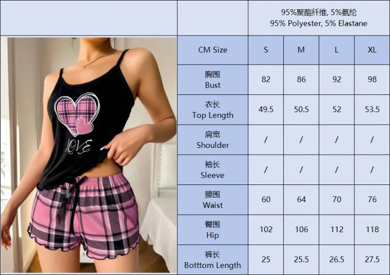 Sexy Nightwear Women's Suspenders Top Plaid Pants Fashion Sleepwear Homewear Two-Piece Set Ladies Pajamas Love Print Loungewear