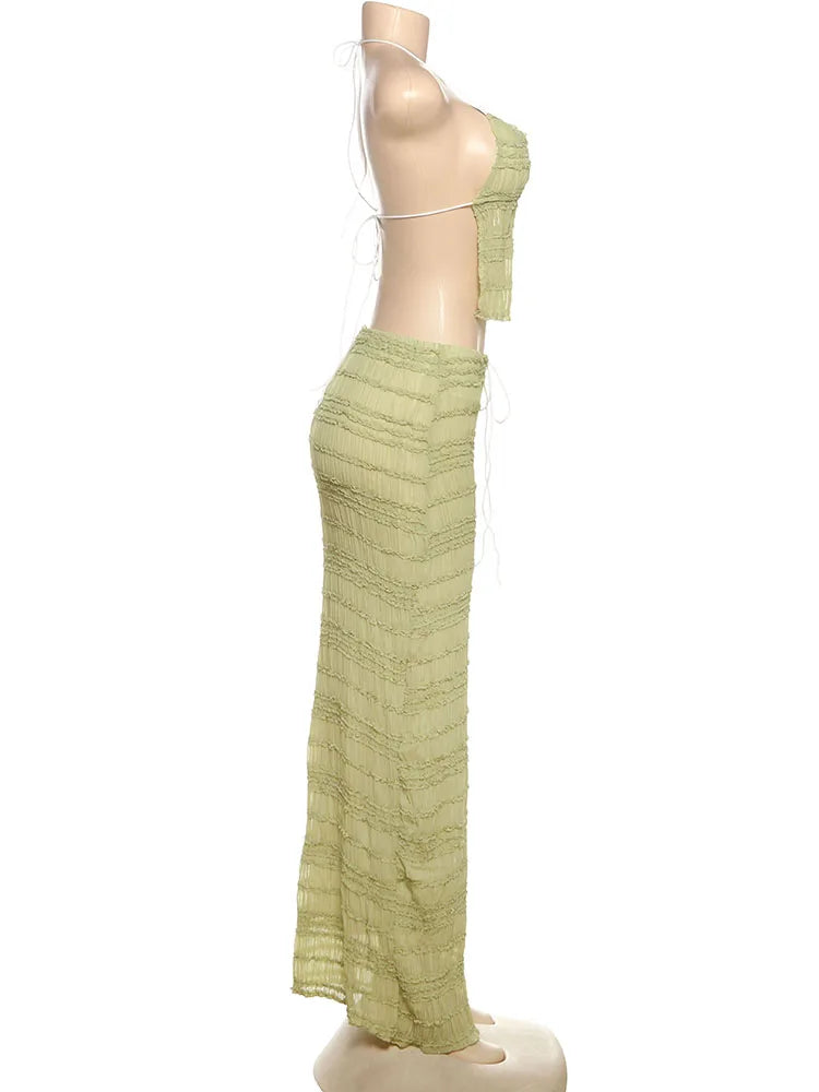 Weird Puss Mesh Backless 2 Piece Set Women Halter Lace-Up See Through Crop Tops+Loose Elegant Long Skirts Vacation Trend Outfits