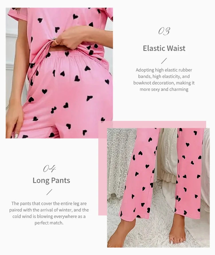 Women Summer Sleepwear Heart Print Pajama Set Short Sleeve Top and Elastic Waistband Pants for Comfortable Sleep and Lounging