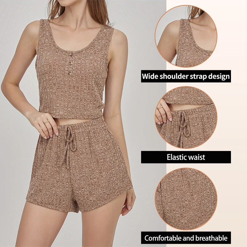 Summer Two-Piece Sleeveless Ribbed Knit Vest with Front Button Paired with Shorts Women's Khaki Color Home Pajama Set