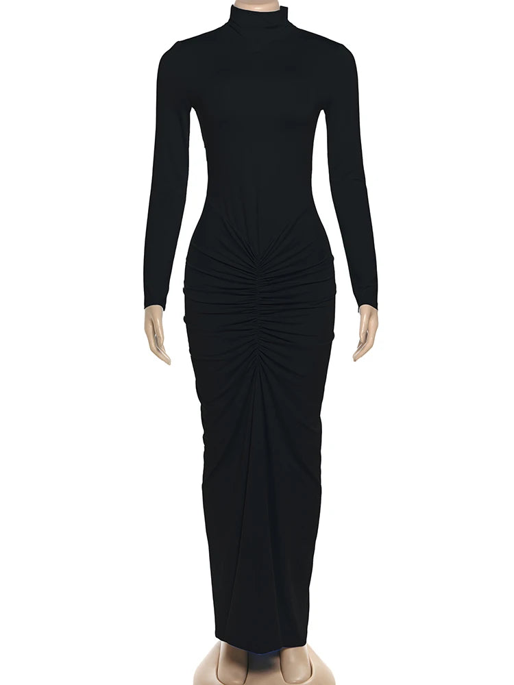 Sisterlinda Autumn New Style Long Dress Woman Turtleneck Full Sleeve Skinny High Stretch Daily Casual Fashion Elegant Vestidos