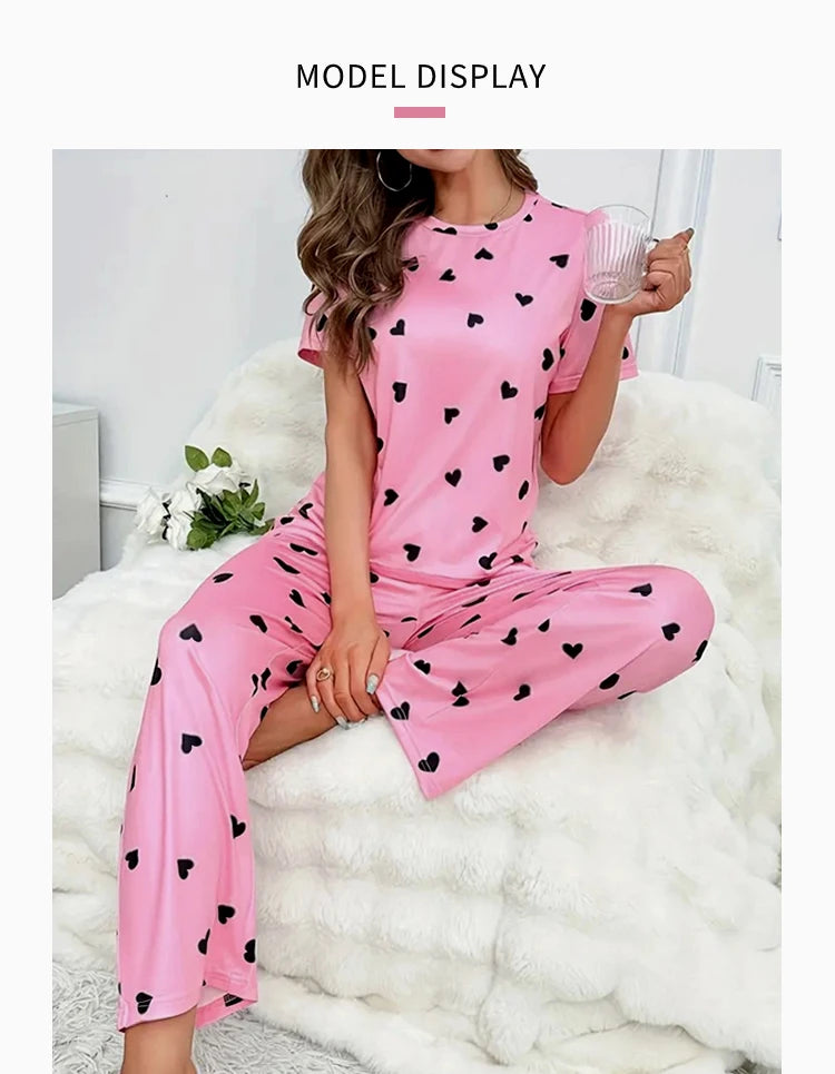 Women Summer Sleepwear Heart Print Pajama Set Short Sleeve Top and Elastic Waistband Pants for Comfortable Sleep and Lounging