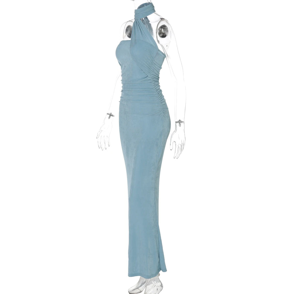 Hugcitar Halter Solid Sleeveless Backless Ruched Sexy Bodycon Maxi Prom Dress Summer Women Elegant Outfit Evening Party Birthday