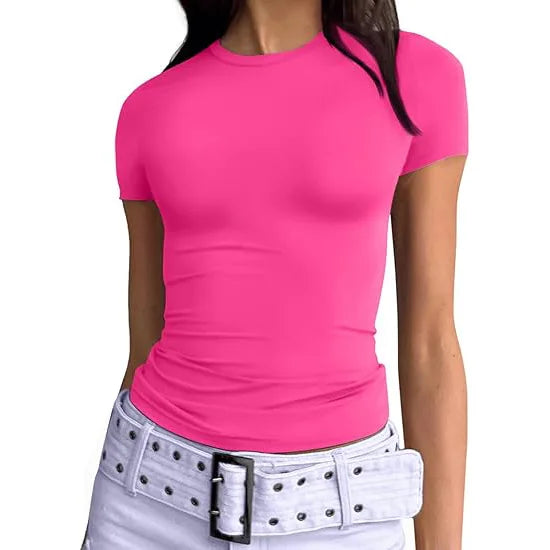 1pcs Women's Sport T-shirt Girl Solid Basic Fitness Running Yoga Tees Lady Short Sleeve Slim Sexy Round Neck Casual Shirts Tops