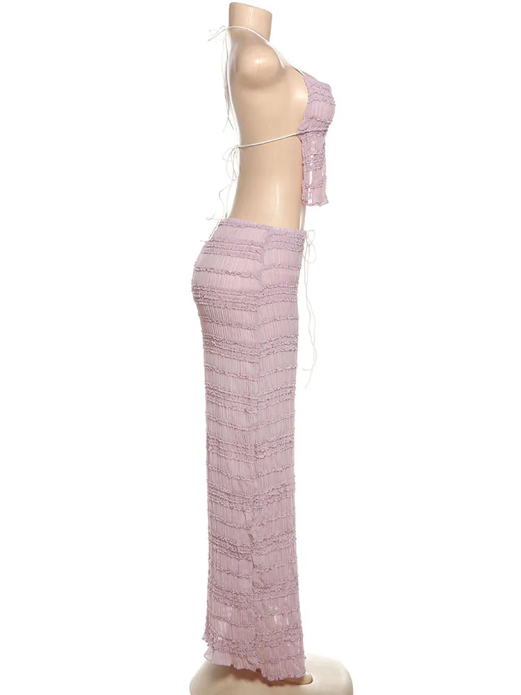 Weird Puss Mesh Backless 2 Piece Set Women Halter Lace-Up See Through Crop Tops+Loose Elegant Long Skirts Vacation Trend Outfits