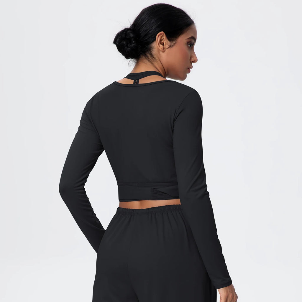 Women Slim Breathable Sports Top Women Active Wear Sports Yoga Long Sleeved Solid Color Running Shirts Straps Design Yoga Top