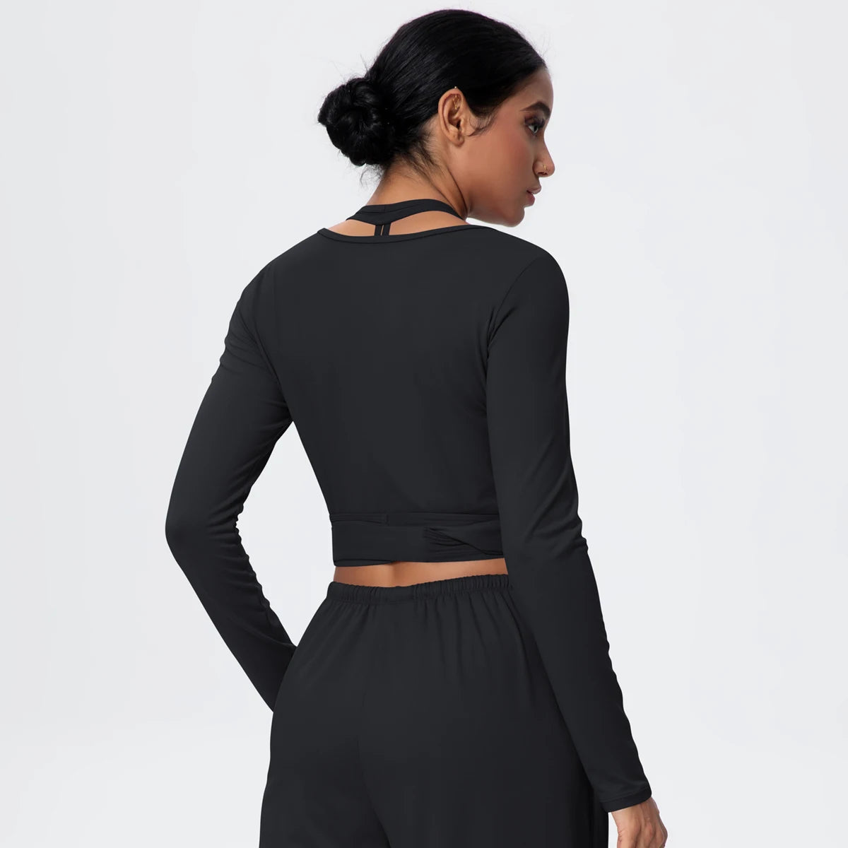Women Slim Breathable Sports Top Women Active Wear Sports Yoga Long Sleeved Solid Color Running Shirts Straps Design Yoga Top