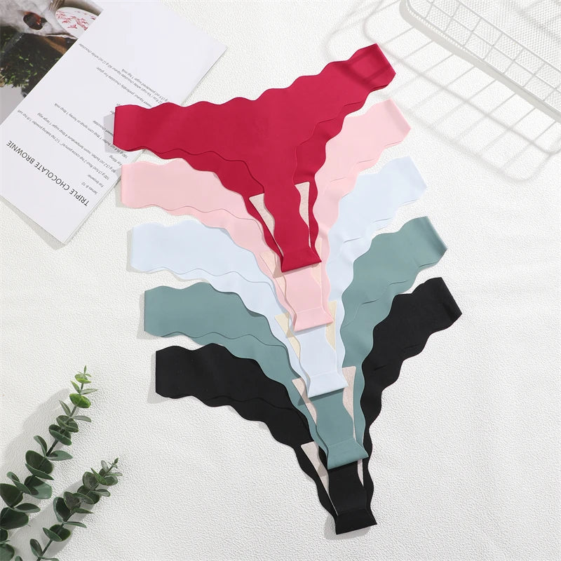 4Pcs Seamless Invisible Thongs Underwear for Women Low Waist Sexy Wave Belt T-Back Breathable Stretchy G-String Panties Lingerie