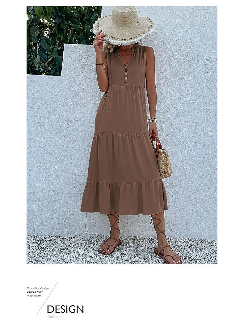 Casual Summer Midi Dress Women Sleeveless Tank V Neck Buttons Ruffle Loose Dresses Beach Soild Sundress Fashion