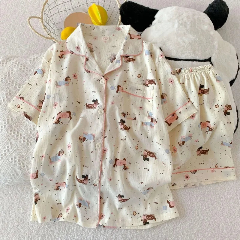 Embroidery Dachshund Strip Print Women's Pajamas Set Harajuku Style Sweet Cute Sleepwear Set Short Sleeve Women's Pajamas Summer
