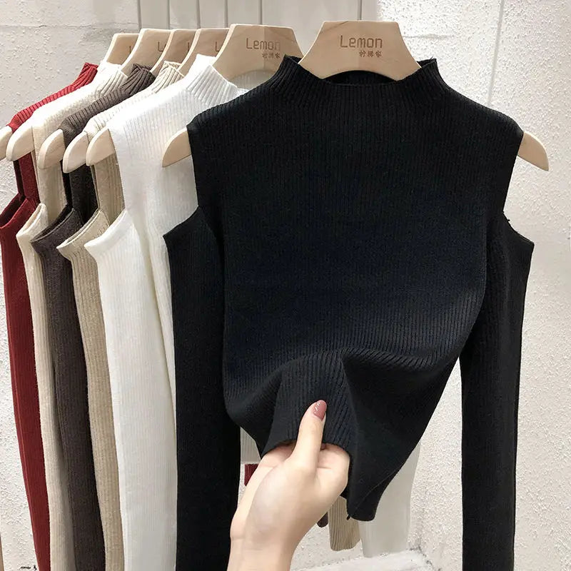 Knitted Sweater Women Pullovers New Long Sleeve Stand Collar Off-shoulder Knit Sweater Pullover Women Tops Sueters De Mujer Q781