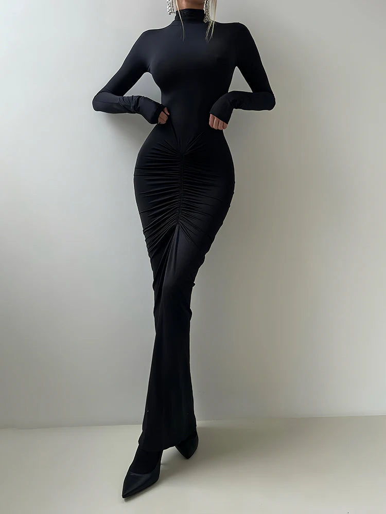 Sisterlinda Autumn New Style Long Dress Woman Turtleneck Full Sleeve Skinny High Stretch Daily Casual Fashion Elegant Vestidos