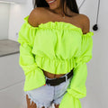 Candy Color Off Shoulder Crop Tops women Summer dot print lantern sleeve shirts Lady Sexy Slash neck beach blouse