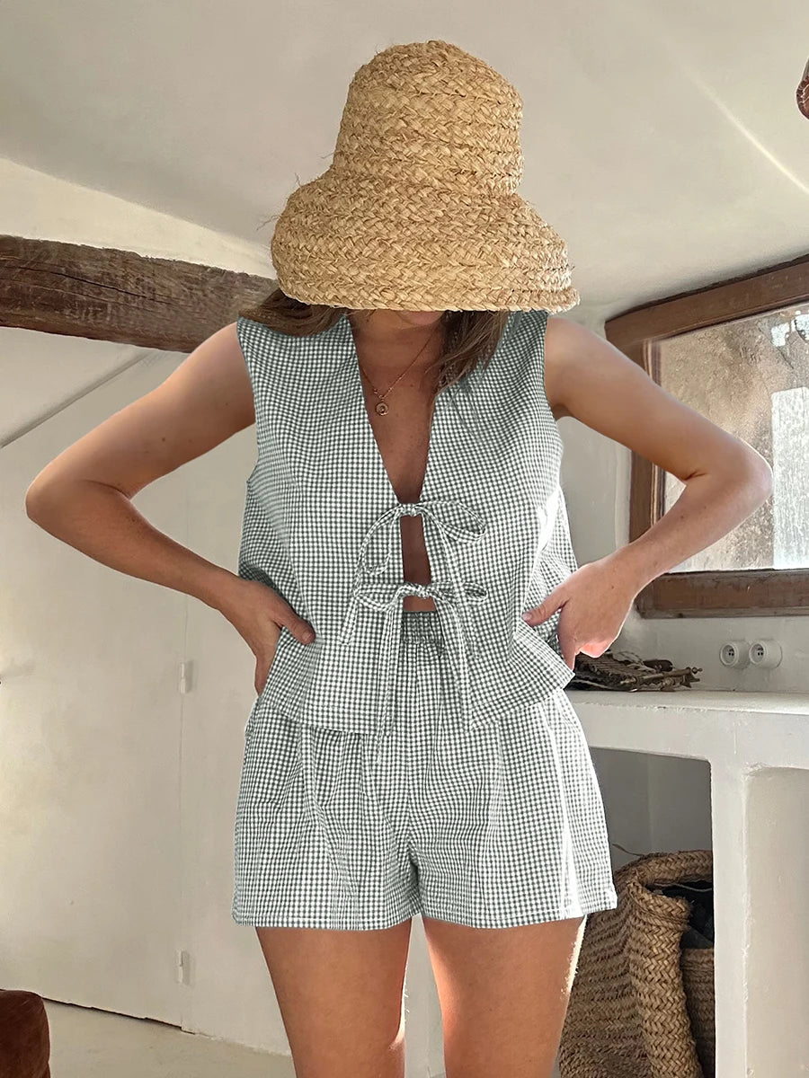 Women 2-Piece Shorts Pajamas Set Vintage Plaid Print Lacing V-Neck Sleeveless Tank Tops Elastic Waistband Shorts Loungewear Sets