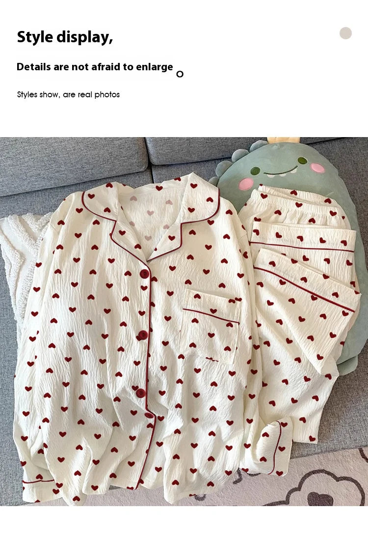 Spring and Autumn New Women's Pajamas Loungewear Set Girl Love Cardigan Pajamas Crinkled Fabric Loungewear Long Sleeve Set