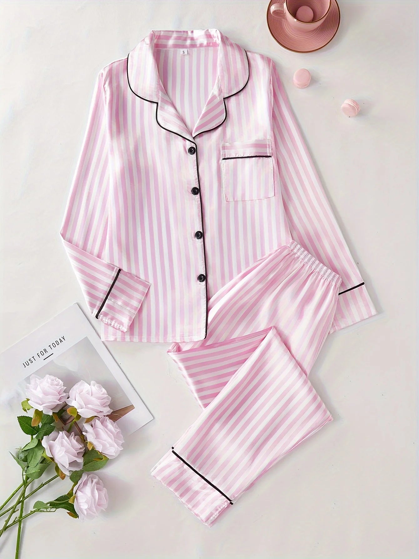 Autumn Winter Striped Pajamas Set for Women Sleepwear Long Sleeve Button Top and Long Pants Set Homewear Loungewear