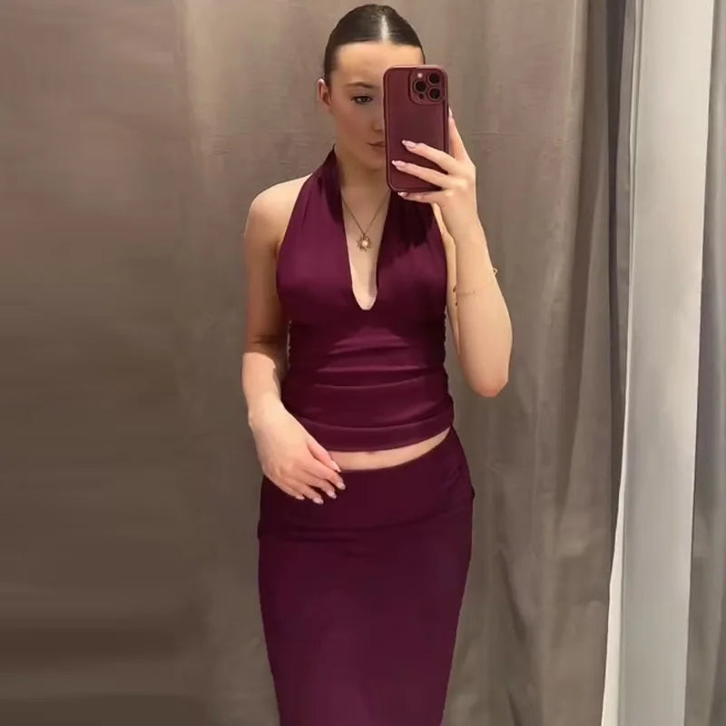 HXAO 2025 Women's Two Pieces Set Purple Black Skirt Set Ruffled Halter Neck Crop Top 2 Piece Woman Midi High Waist Slit Suit 066