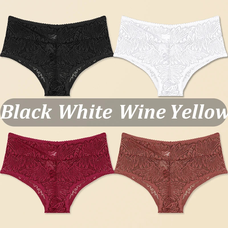 FINETOO 4PCS Floral Lace Thongs Sexy Perspective G-String Mid Waist T-back Female Breathable Intimates Brazilian Underwears