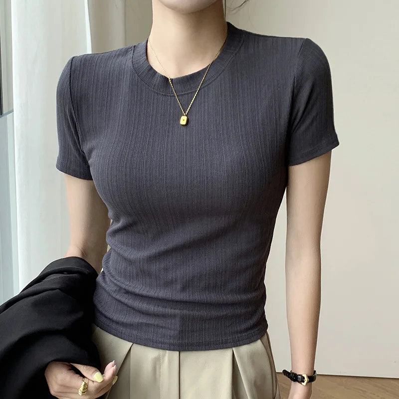 Summer New Women's Crewneck T-shirt Knitted Short-sleeved Top Casual All-match T-shirt Striped Base Shirt Slim-fit Breathable