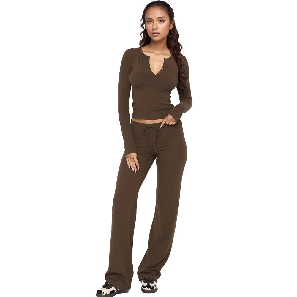 Women's Solid Color Two-Piece Pajamas Set Long Sleeve Pullover Comfortable Shirt Drawstring Waist Cinching Pants Loungewear