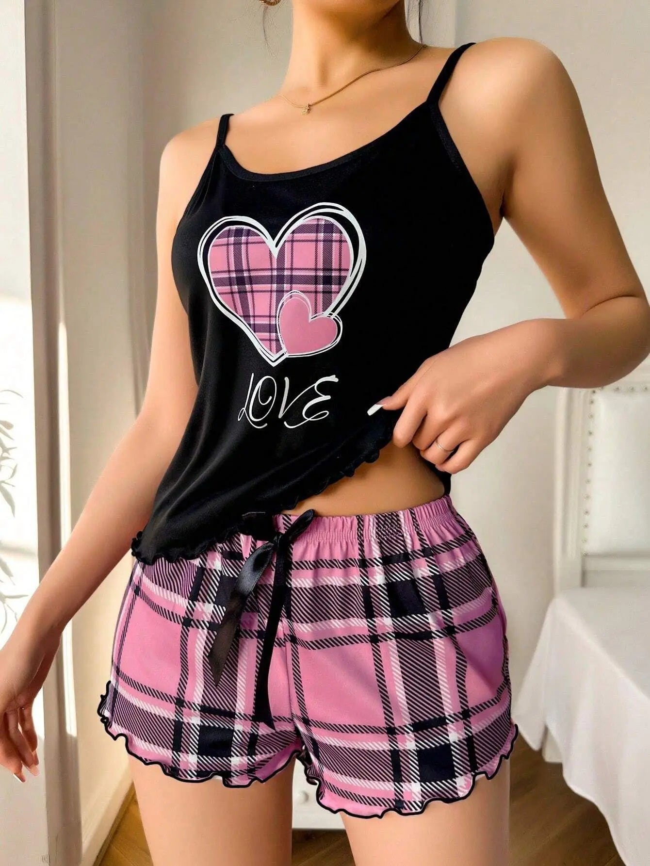 Sexy Nightwear Women's Suspenders Top Plaid Pants Fashion Sleepwear Homewear Two-Piece Set Ladies Pajamas Love Print Loungewear