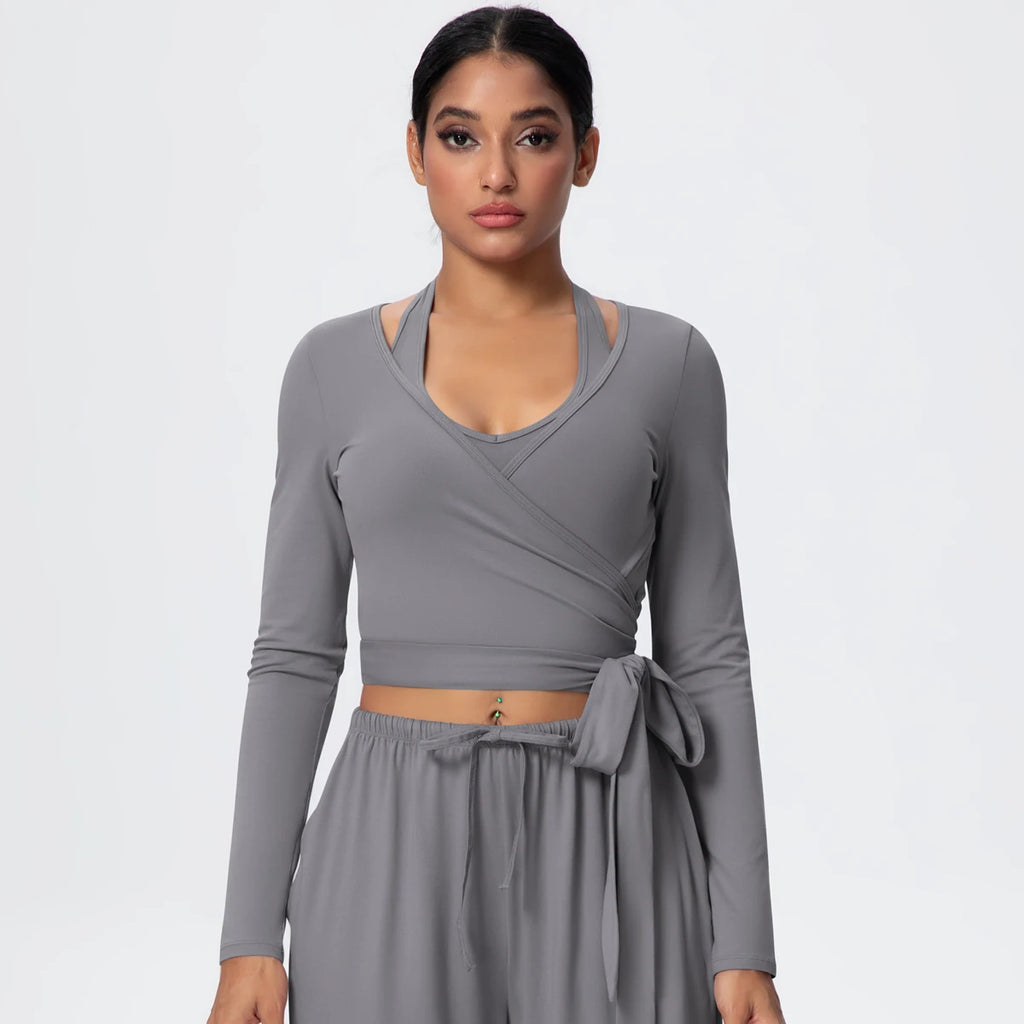 Women Slim Breathable Sports Top Women Active Wear Sports Yoga Long Sleeved Solid Color Running Shirts Straps Design Yoga Top
