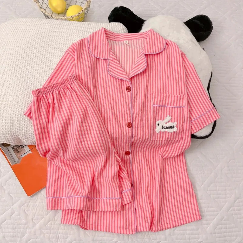 Embroidery Dachshund Strip Print Women's Pajamas Set Harajuku Style Sweet Cute Sleepwear Set Short Sleeve Women's Pajamas Summer