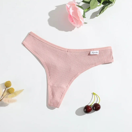 6Pcs/Set Women Cotton Thongs Female Ribbed Panties Low Rise G-String Sexy Underwear Solid Color Bikini Soft S-XL Intimates