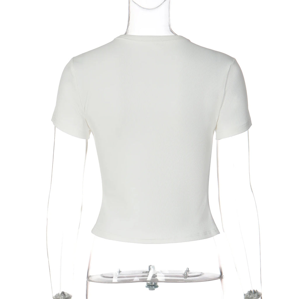 Hugcitar Fashion Solid O Neck Short Sleeve Buttons Sexy Slim Crop T-Shirt Top Summer Casual Women Clothes Streetwear Party