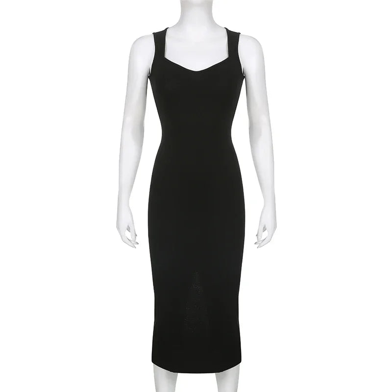 Myufon Basic Knit Long Dress Korean Fashion Square Collar Sleeveless Women's Dresses Summer Casual Y2k Vintage All-match Outftis