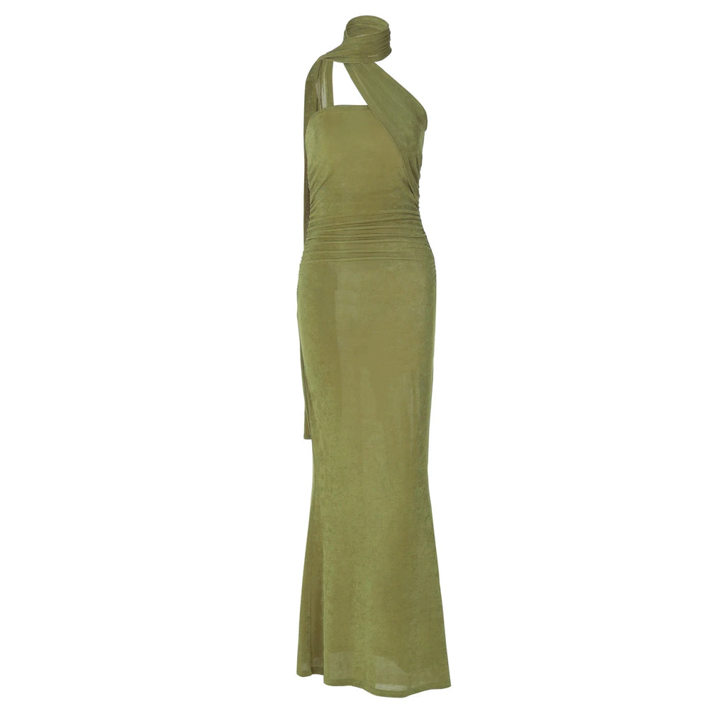 Hugcitar Halter Solid Sleeveless Backless Ruched Sexy Bodycon Maxi Prom Dress Summer Women Elegant Outfit Evening Party Birthday