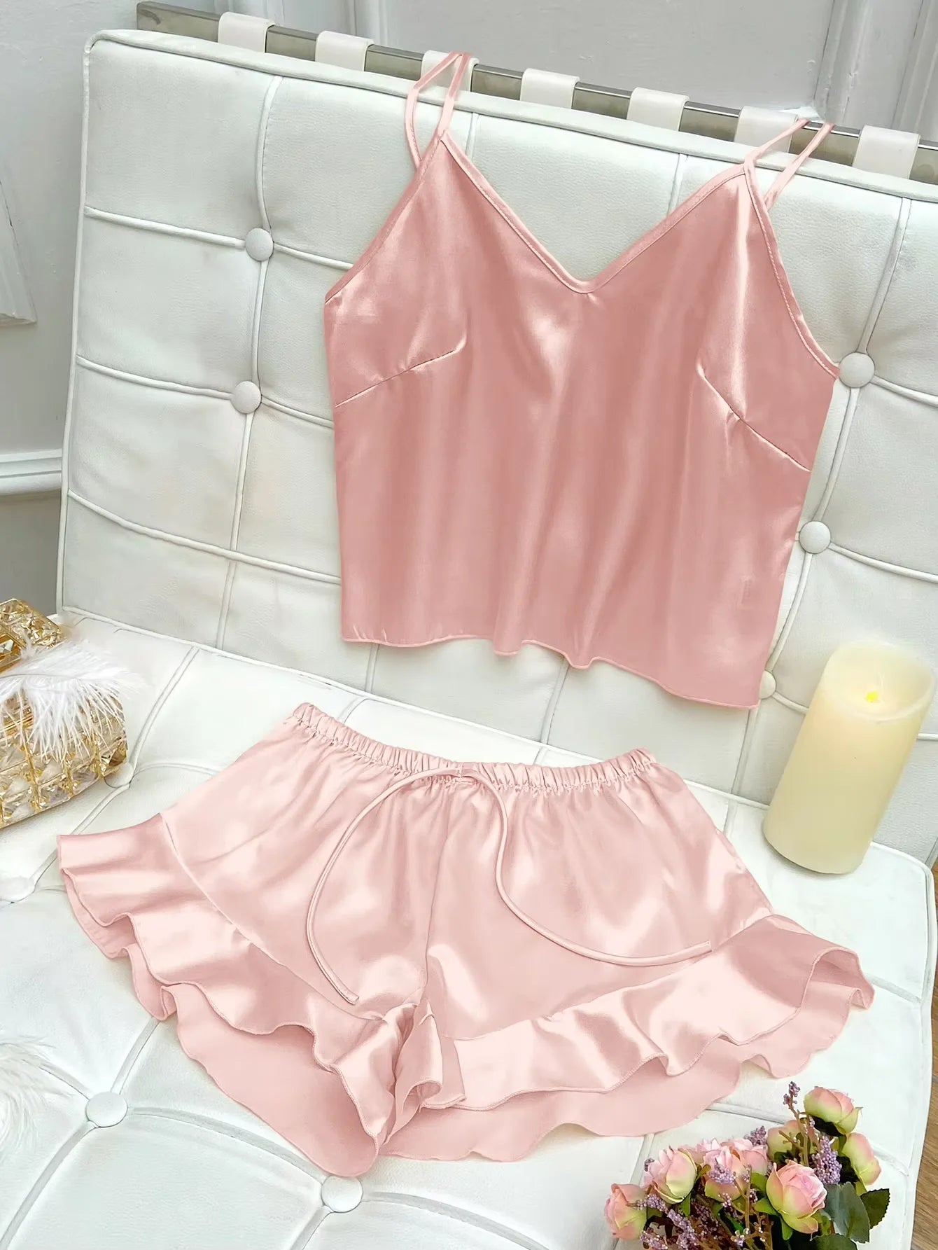 Solid Satin Pajama Set V Neck Cami Top Ruffle Shorts Women's Sleepwear Loungewear