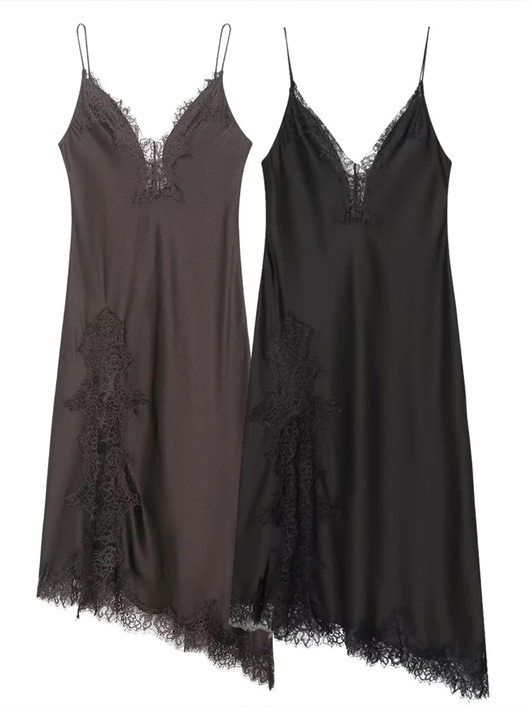 HH Fashion Soild Asymmetric Lace Satin Dress For Women's Sexy V-Neck Sleeveless Backless Slit Evening Party Slip Midi Dress