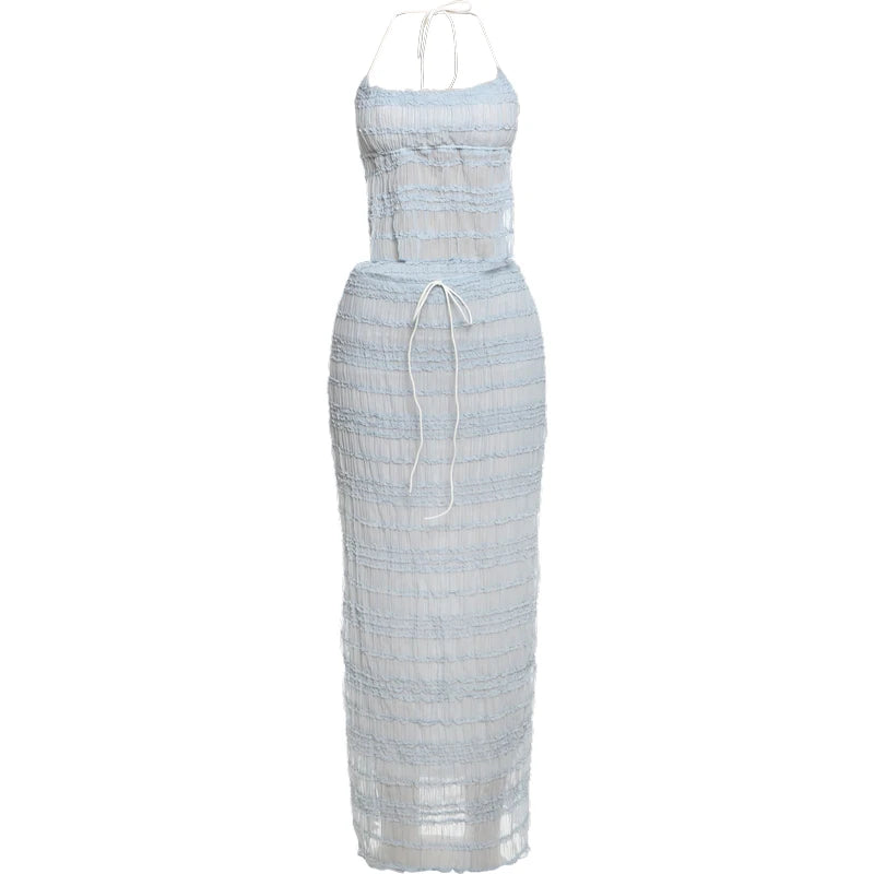 Weird Puss Mesh Backless 2 Piece Set Women Halter Lace-Up See Through Crop Tops+Loose Elegant Long Skirts Vacation Trend Outfits