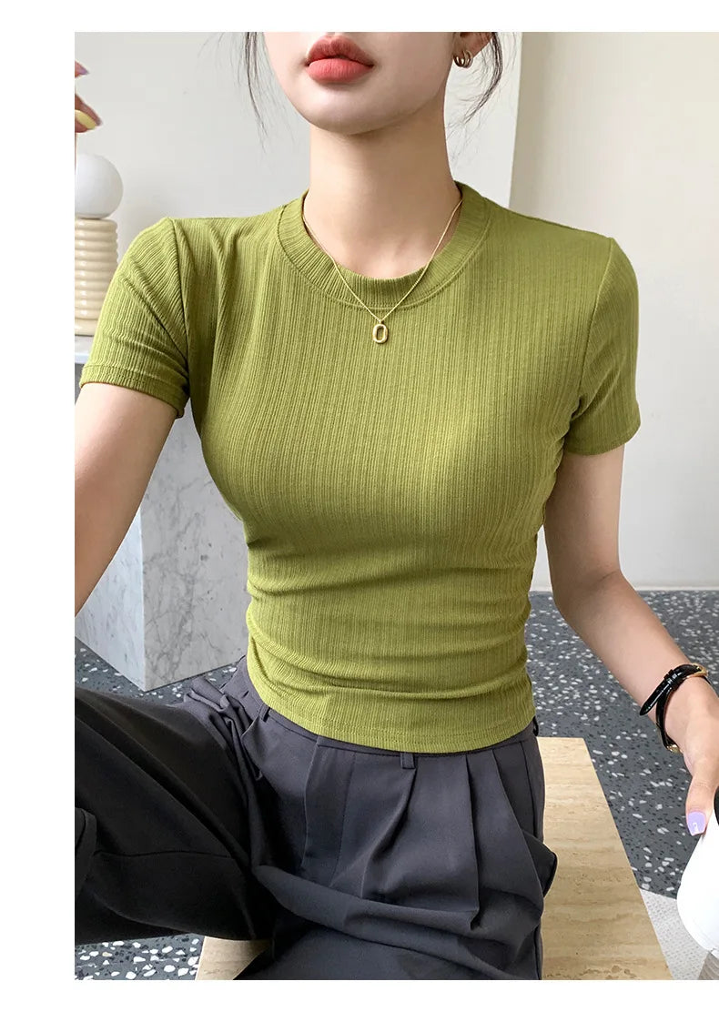Summer New Women's Crewneck T-shirt Knitted Short-sleeved Top Casual All-match T-shirt Striped Base Shirt Slim-fit Breathable