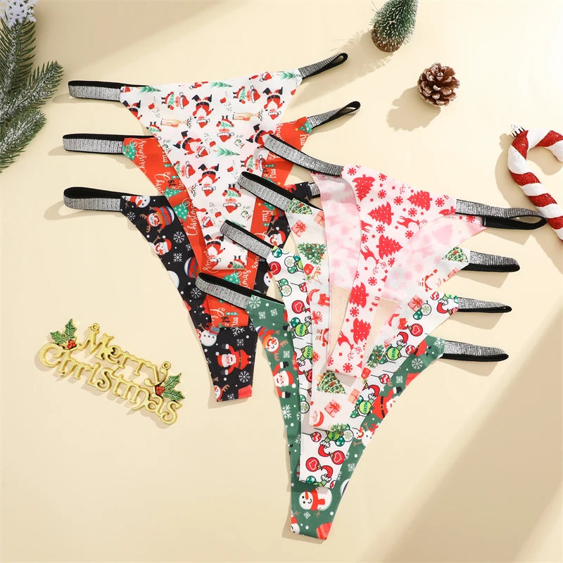5PCS/Lot Seamless Ice Silk Thongs Women's Christmas Theme Underwear Sexy Rhinestone Waist Panties Santa Claus Printed Lingerie