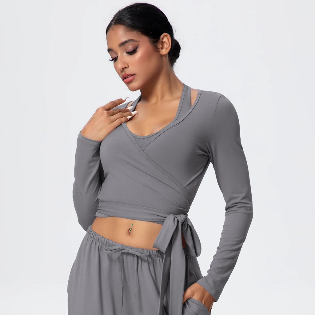 Women Slim Breathable Sports Top Women Active Wear Sports Yoga Long Sleeved Solid Color Running Shirts Straps Design Yoga Top