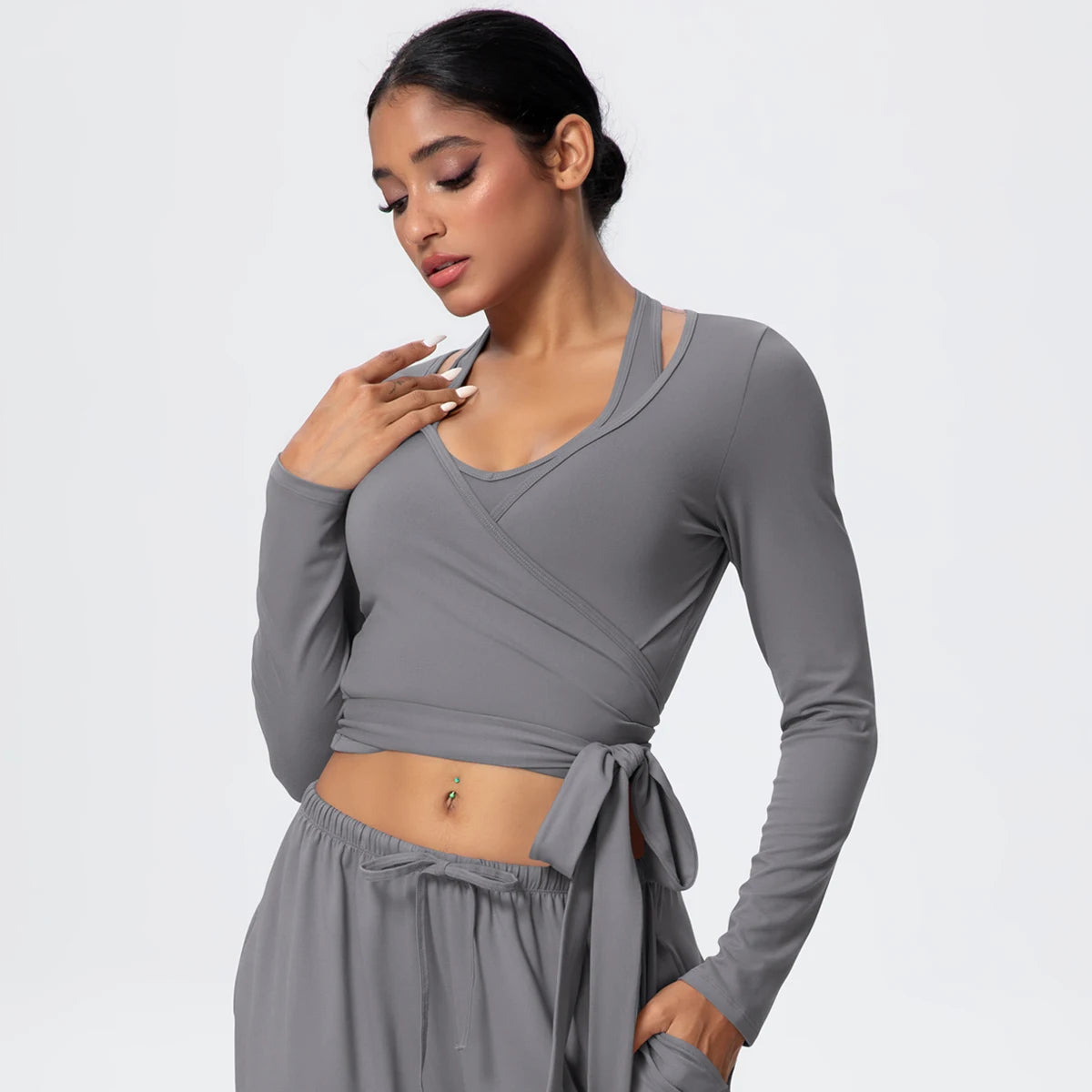 Women Slim Breathable Sports Top Women Active Wear Sports Yoga Long Sleeved Solid Color Running Shirts Straps Design Yoga Top