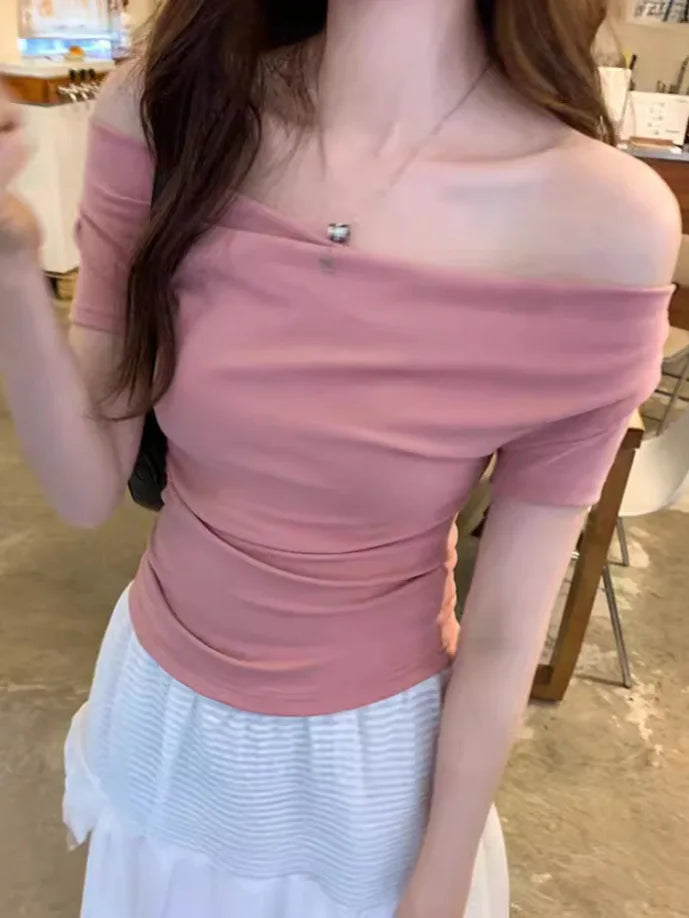 1pcs Girls Off-Shoulder T-shirt Women's Basic Fashion Tee Solid Ladys Short Sleeve Slim Tops Females Sexy Slanted Collar Tshirts