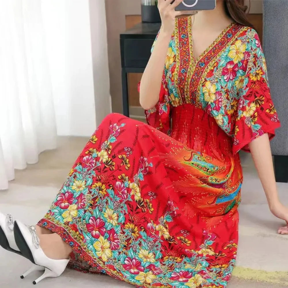 Colorful Flower V-neck Elastic Youthful Bohemian Sweet Midi Dress Woman Clothes Chic Fashion Summer Dresses 2025 Large Swing Ski