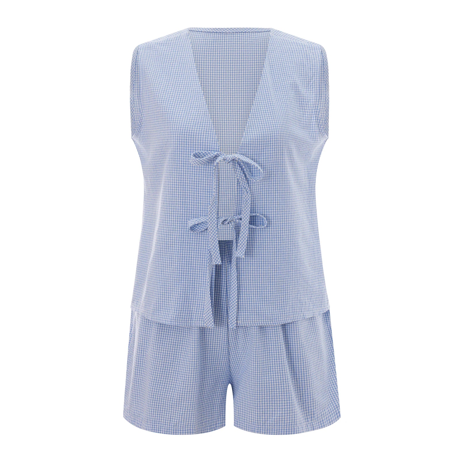 Women 2-Piece Shorts Pajamas Set Vintage Plaid Print Lacing V-Neck Sleeveless Tank Tops Elastic Waistband Shorts Loungewear Sets