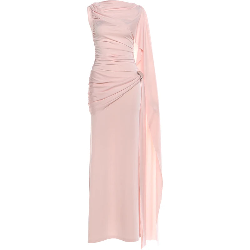 Sisterlinda Elegant Dress Woman Ruched o-Neck Sleeveless Irregular Ribbon Metal Trim Classic Birthday Party Banquet Vestidos
