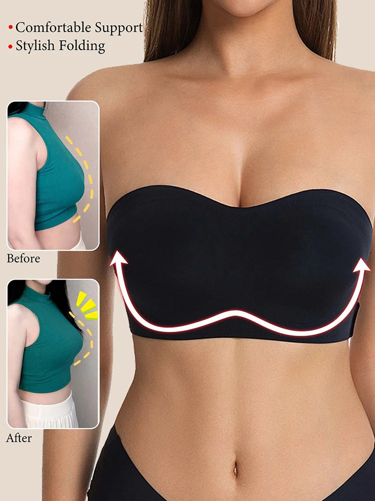 Female Removable Padded Soft Ice Silk Traceless Brasseries Wire Free Side Buckle Bra For Women Invisible Strapless Push Up Bras