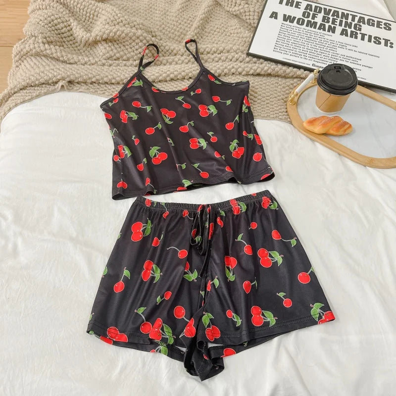 Summer Printed Cami Sleeveless Top and Shorts Pajama Sets For Women Sexy Leisure Adjustable Belt Loungewear Female Soft Pajama