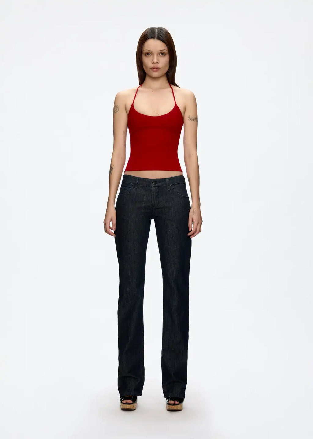 Tank Women's Open-Back Stretchy Camisole Top with Metal Accessories and Self-Tie Shoulder Straps, Low-Neck Sexy Halter Top