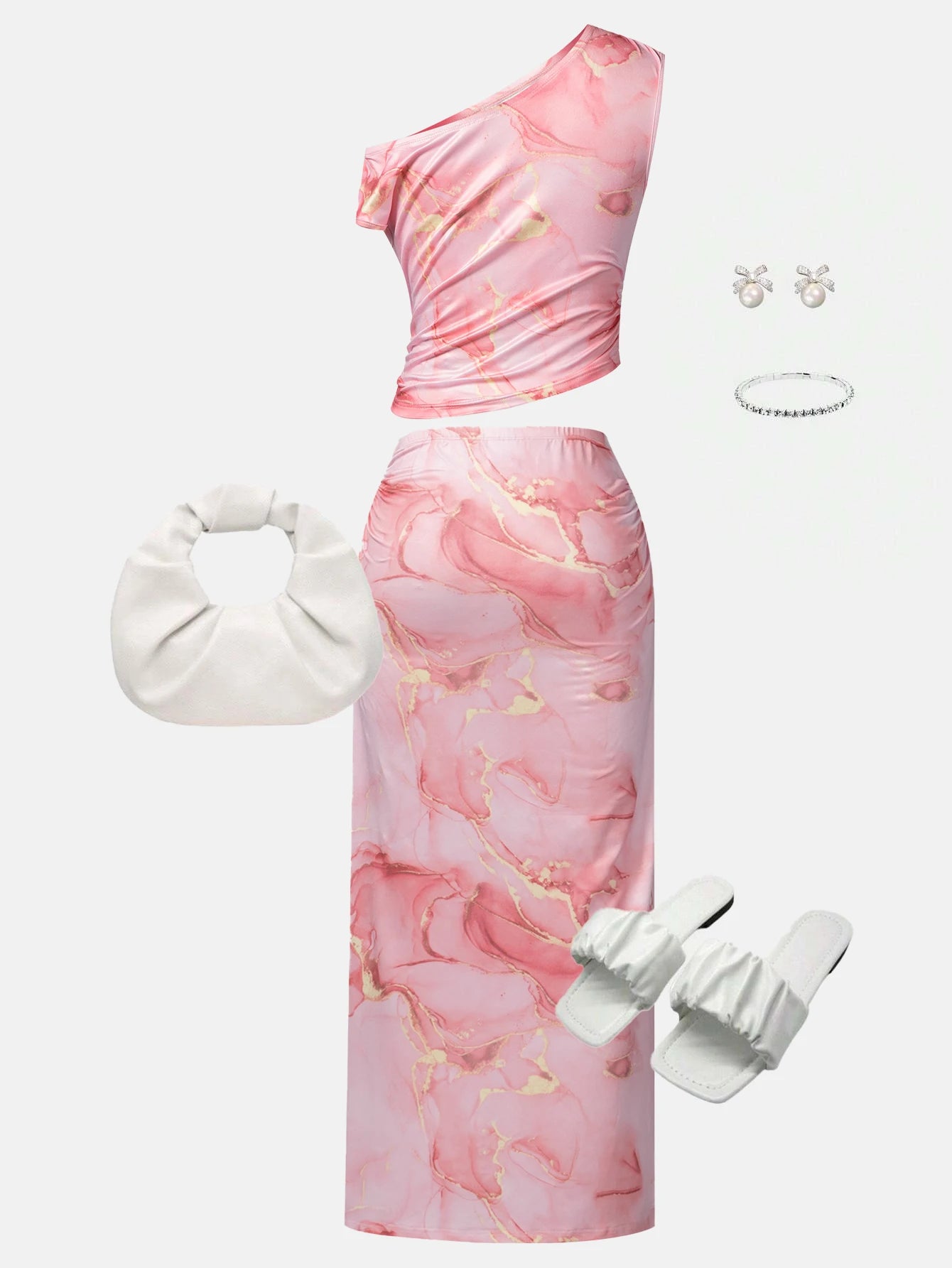 Women OneShoulder Sleeveless PinkMarble Print Ruched Crop Midi 2Piece Skirt Set Glam Vacay Summer DateNight Party Stretchy