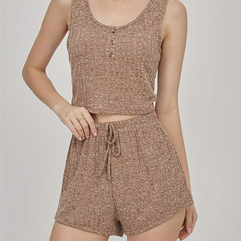 Summer Two-Piece Sleeveless Ribbed Knit Vest with Front Button Paired with Shorts Women's Khaki Color Home Pajama Set