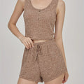 Summer Two-Piece Sleeveless Ribbed Knit Vest with Front Button Paired with Shorts Women's Khaki Color Home Pajama Set