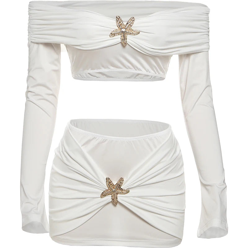 Nibber Hipster Metal Starfish Decoration 2 Piece Set Women Slash Neck Backless Crop Tops+Ruched Mini Skirt Street Elegant Suit