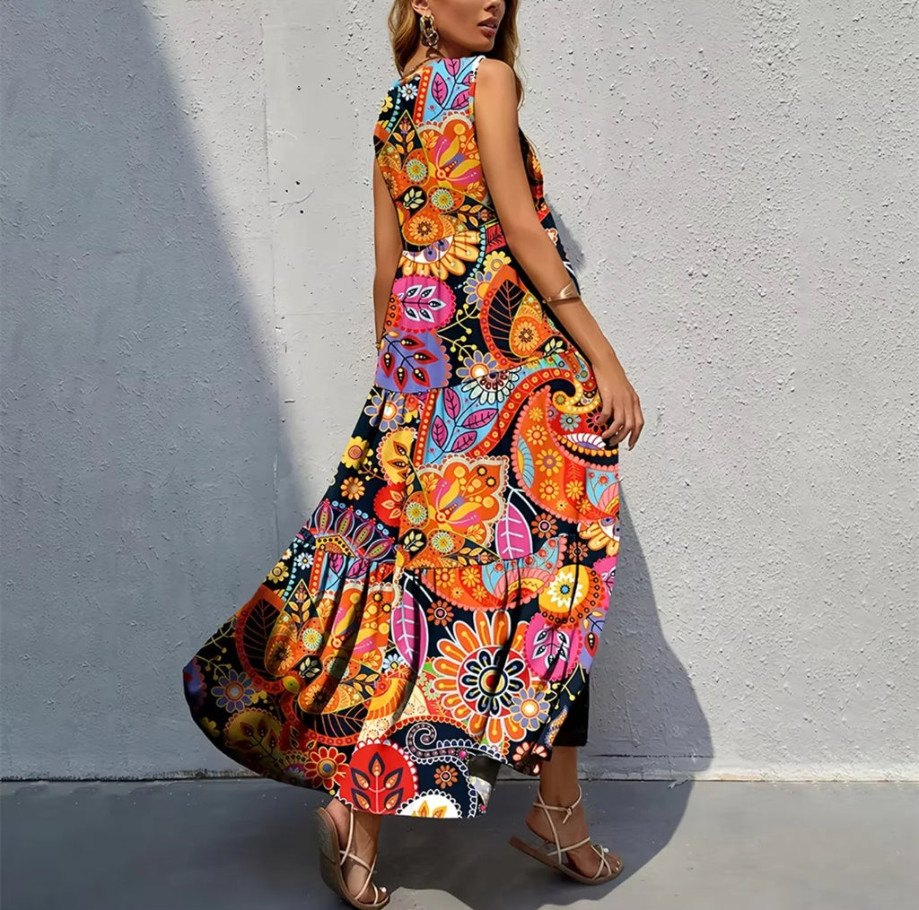 2026 Spring/Summer European & American Women's New Arrival Retro Printed Dress, V-Neck Slimming A-Line Dress for Casual